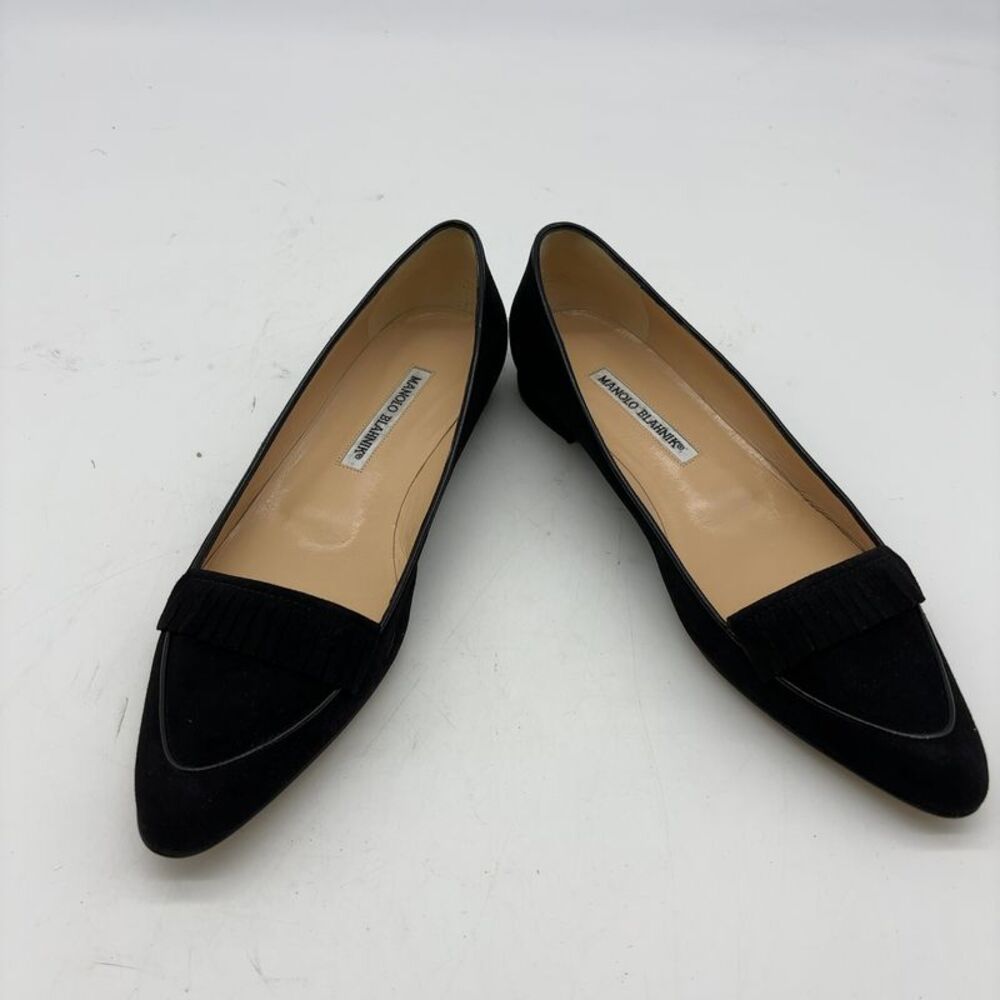 Manolo Blahnik Black Suede Fringe Pointed Loafers